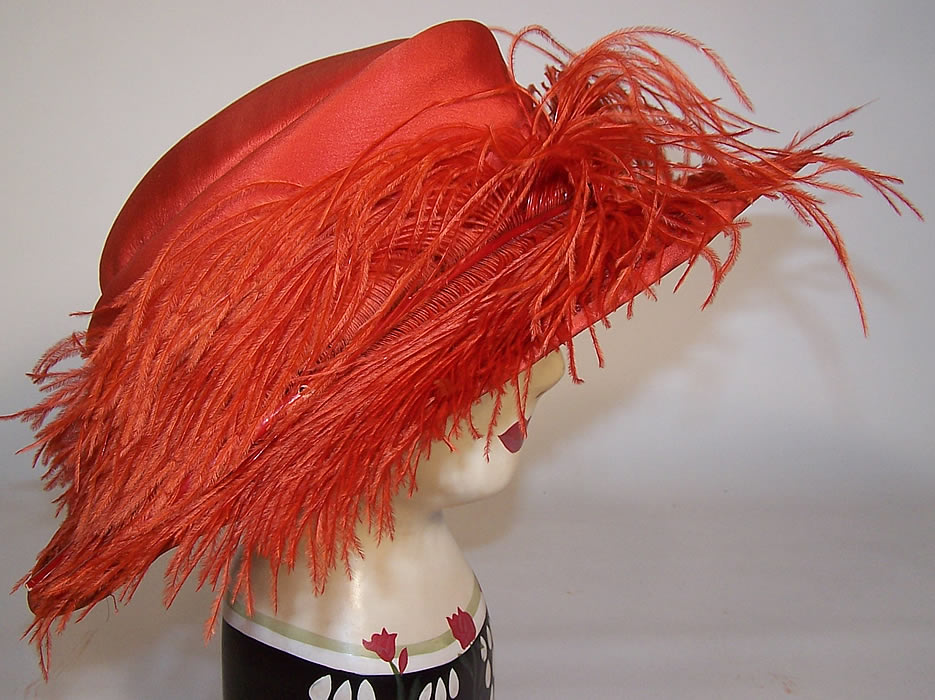 Vintage Schoen & Co Red Orange Silk Straw Feather Wide Brim Hat