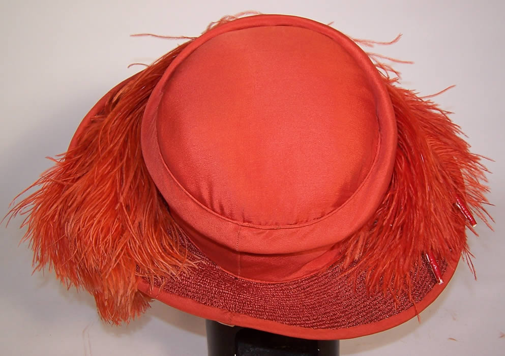 Vintage Schoen & Co Red Orange Silk Straw Feather Wide Brim Hat