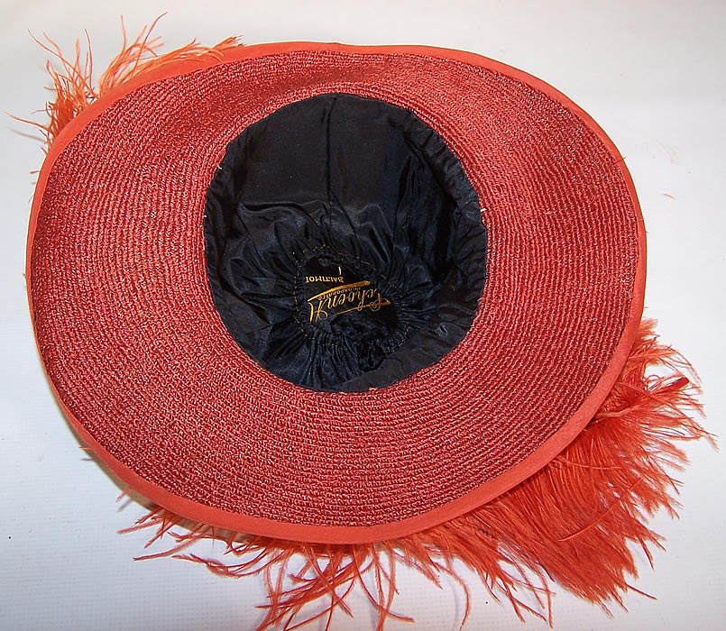 Vintage Schoen & Co Red Orange Silk Straw Feather Wide Brim Hat