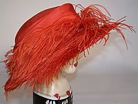 Vintage Schoen & Co Red Orange Silk Straw Feather Wide Brim Hat