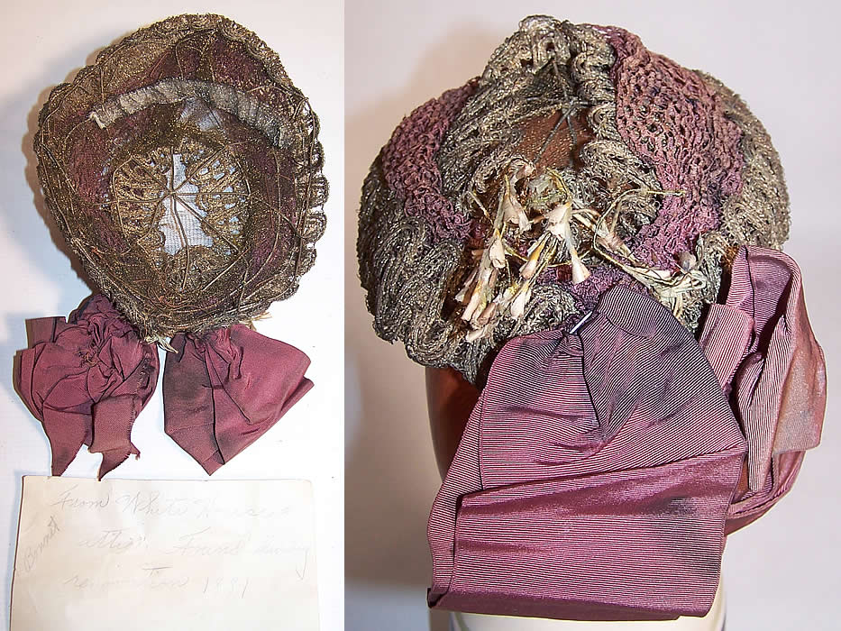 Victorian Civil War Era Gold Metallic Lace Net Bonnet Cap Hat two views