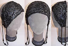 Vintage Art Deco Black Net Sequin Beaded Flapper Headband Cap