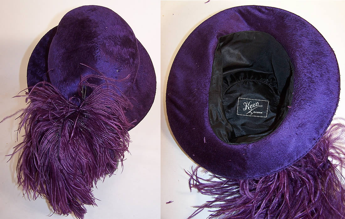 Vintage Keen Boston Purple Beaver Felt Fur Ostrich Feather Wide Brim Hat