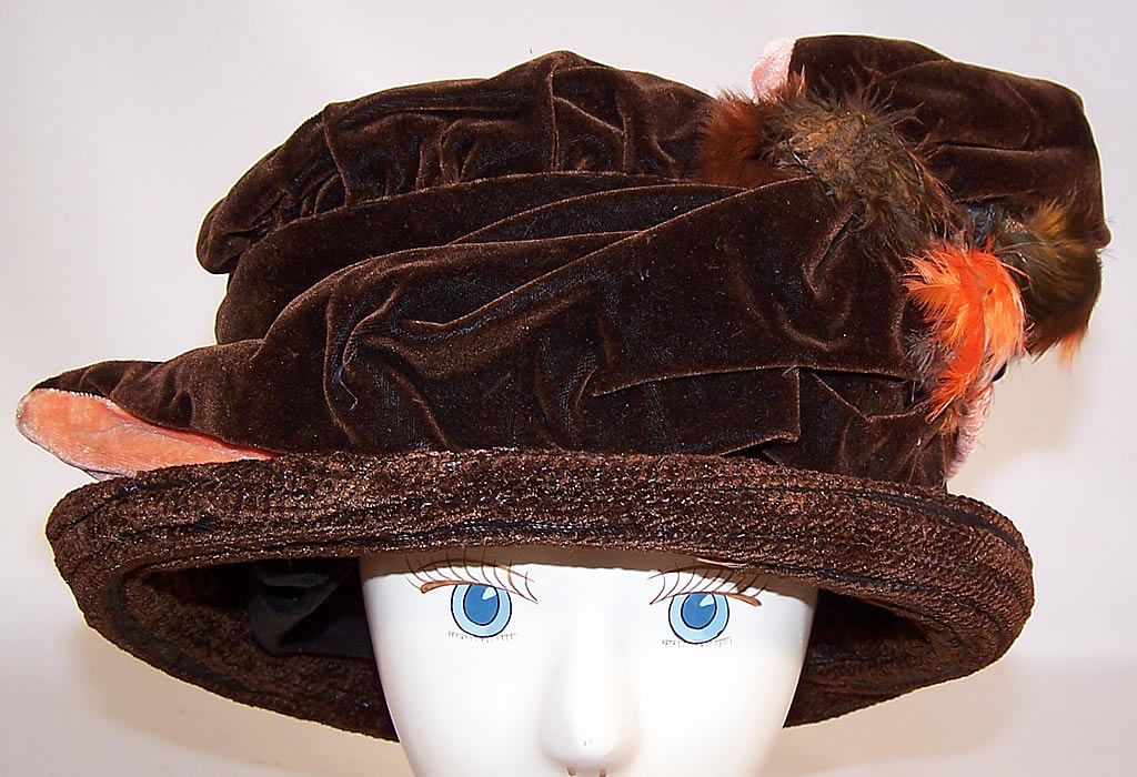 Edwardian Brown & Peach Velvet Wired Wing Feather Trim Toque Cloche Hat