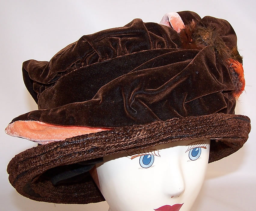 Edwardian Brown & Peach Velvet Wired Wing Feather Trim Toque Cloche Hat