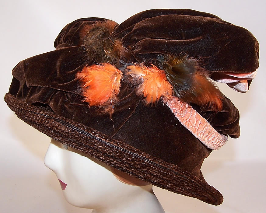 Edwardian Brown & Peach Velvet Wired Wing Feather Trim Toque Cloche Hat