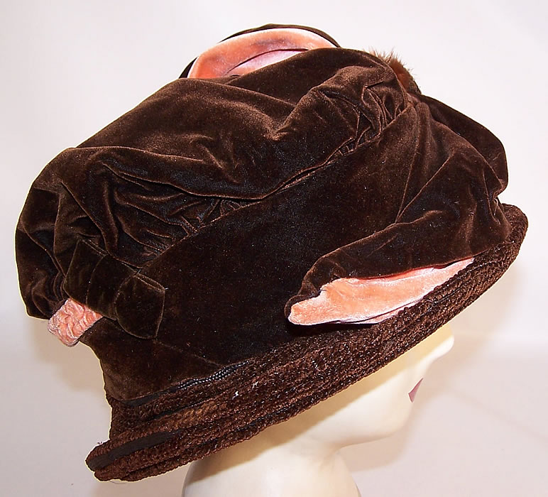 Edwardian Brown & Peach Velvet Wired Wing Feather Trim Toque Cloche Hat