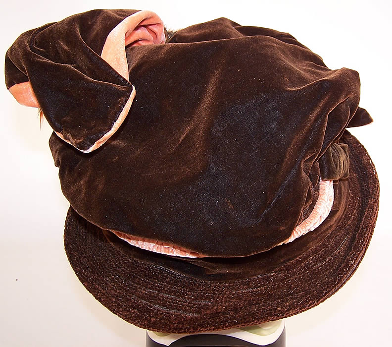 Edwardian Brown & Peach Velvet Wired Wing Feather Trim Toque Cloche Hat