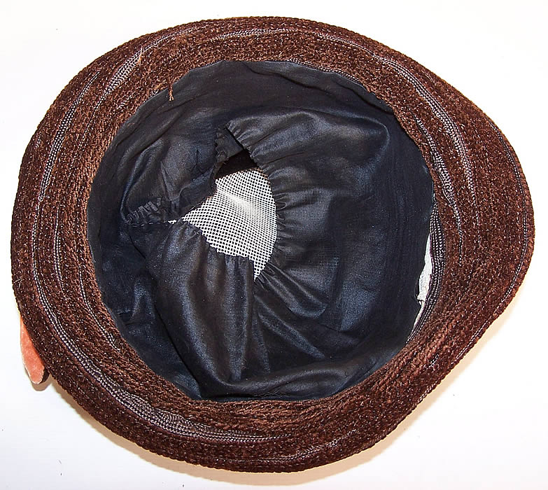 Edwardian Brown & Peach Velvet Wired Wing Feather Trim Toque Cloche Hat