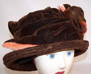 Edwardian Brown & Peach Velvet Wired Wing Feather Trim Toque Cloche Hat