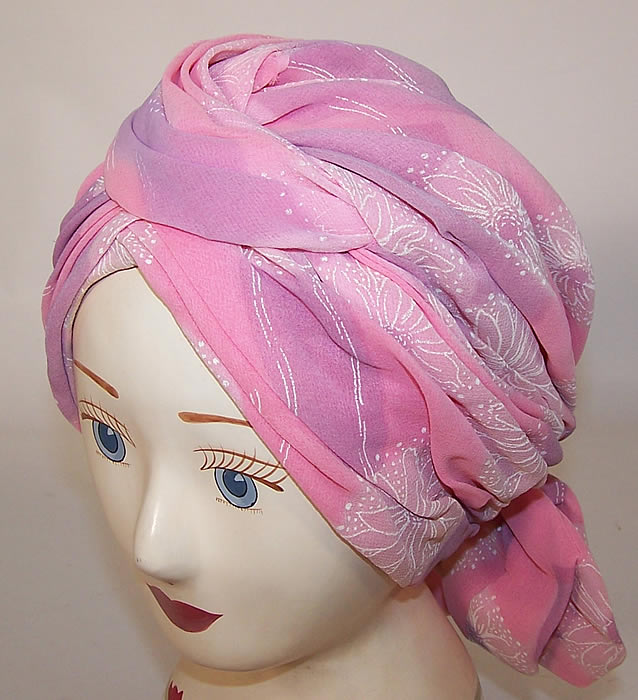 Vintage Christian Dior Pink Purple Chiffon White Floral Print Scarf Turban Hat