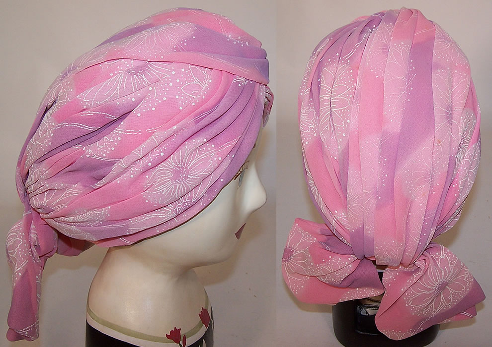 Vintage Christian Dior Pink Purple Chiffon White Floral Print Scarf Turban Hat 