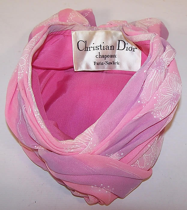 Vintage Christian Dior Pink Purple Chiffon White Floral Print Scarf Turban Hat 