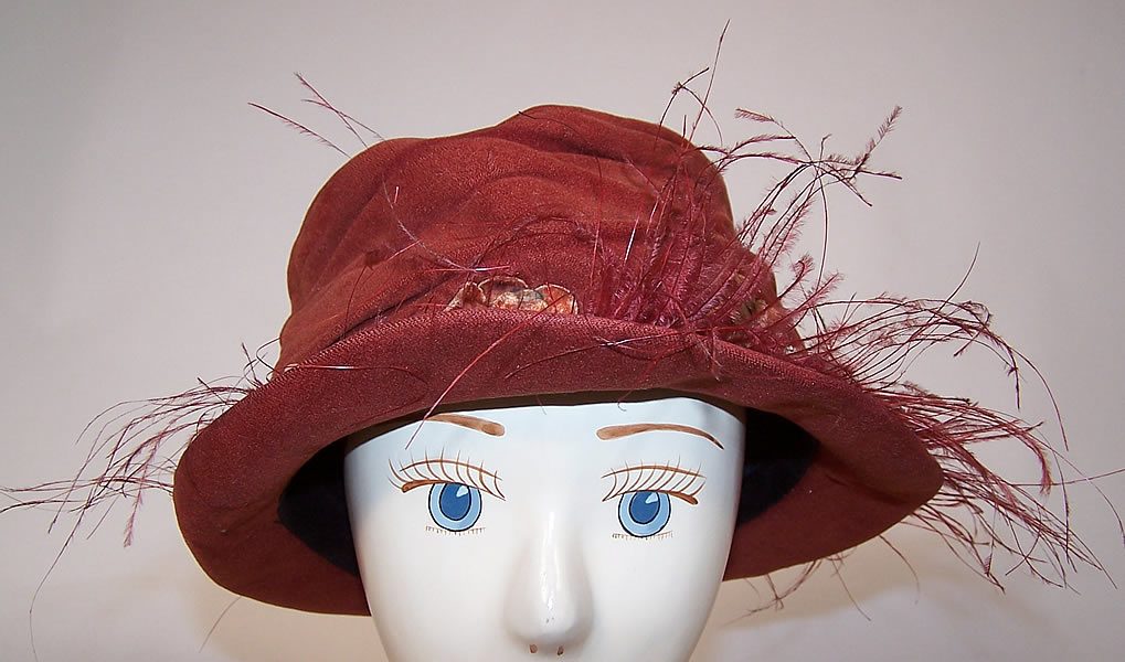 Vintage Joan Filene's Feather Rosette Flower Velvet Brim Cloche Hat