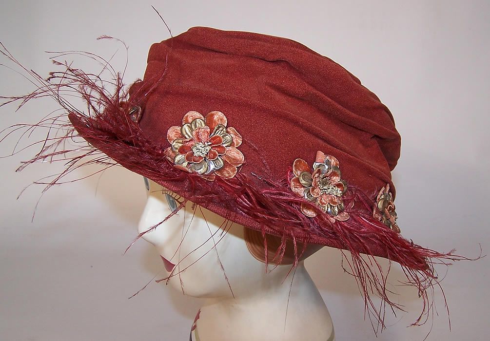 Vintage Joan Filene's Feather Rosette Flower Velvet Brim Cloche Hat