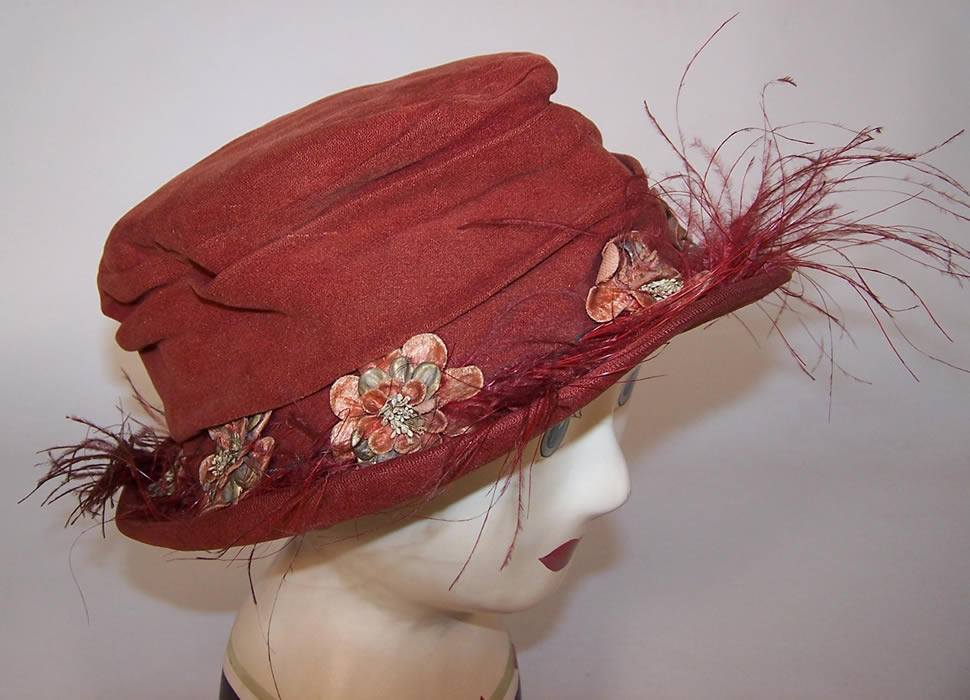 Vintage Joan Filene's Feather Rosette Flower Velvet Brim Cloche Hat