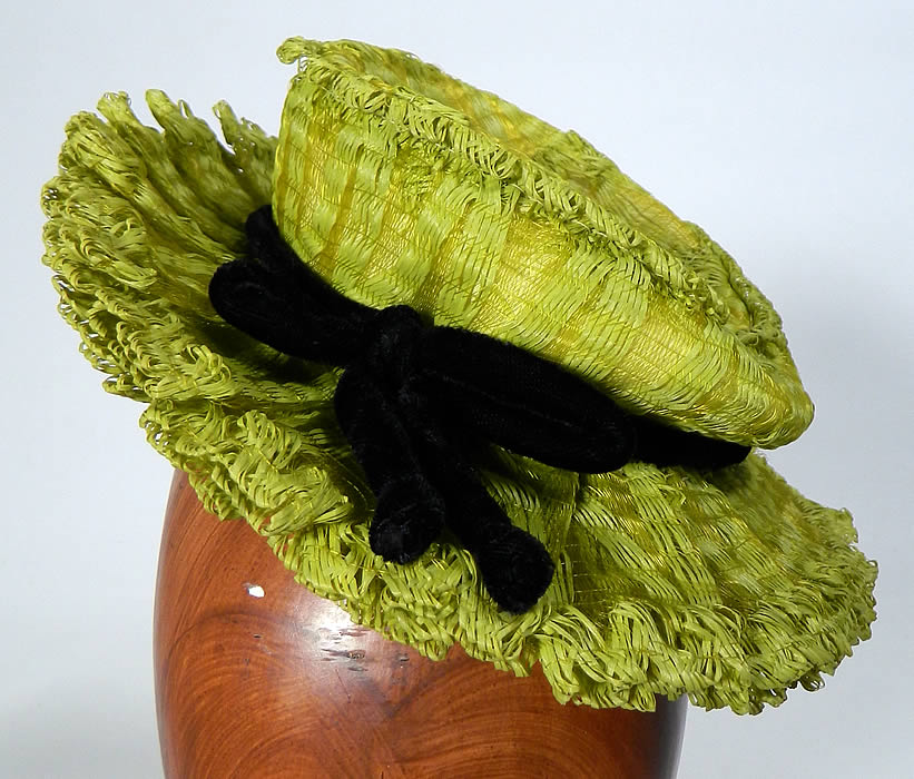 Vintage Chartreuse Lime Green Straw Small Skimmer Boater Cocktail Tilt Hat Fascinator