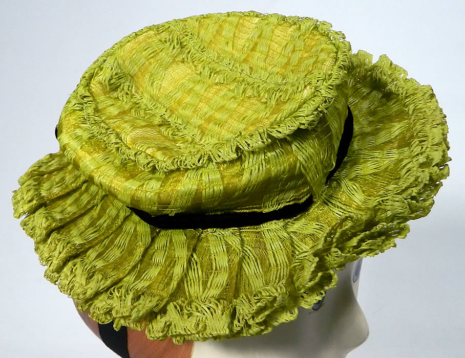 Vintage Chartreuse Lime Green Straw Small Skimmer Boater Cocktail Tilt Hat Fascinator