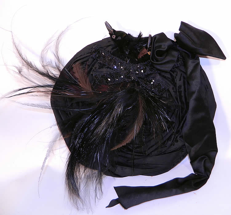 Victorian Marie Louise Paris Label Black Bird Feather Neapolitan Flat Wide Brim Hat