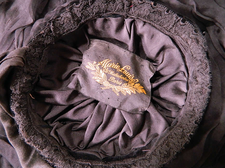 Victorian Marie Louise Paris Label Black Bird Feather Neapolitan Flat Wide Brim Hat label close up.