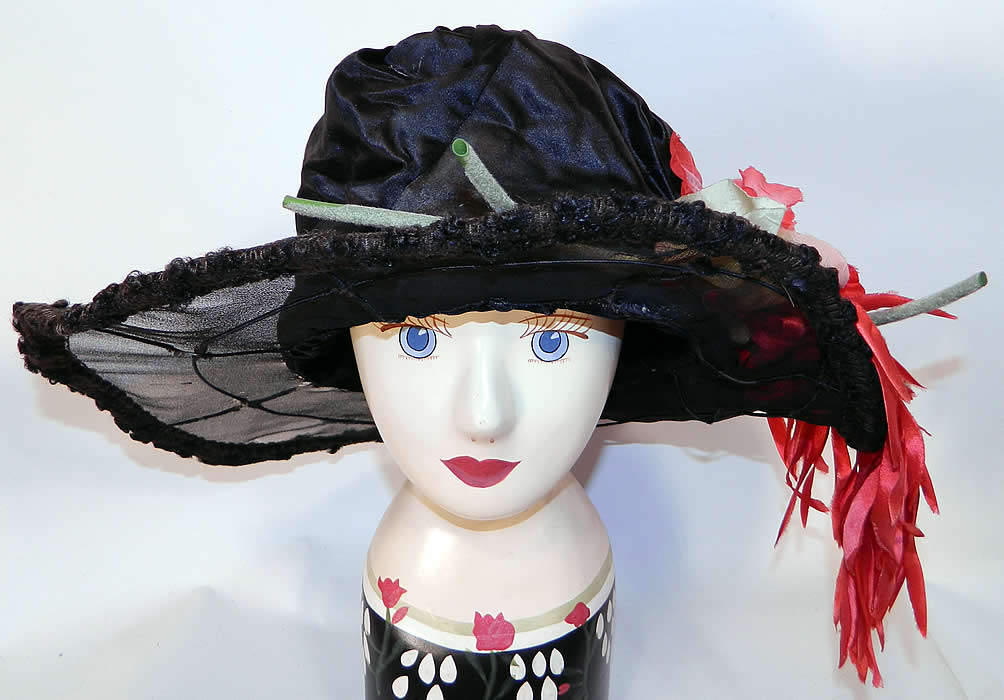 Vintage Belle Epoque Black Silk Red Poppy Flower Trim Wide Brim Hat 