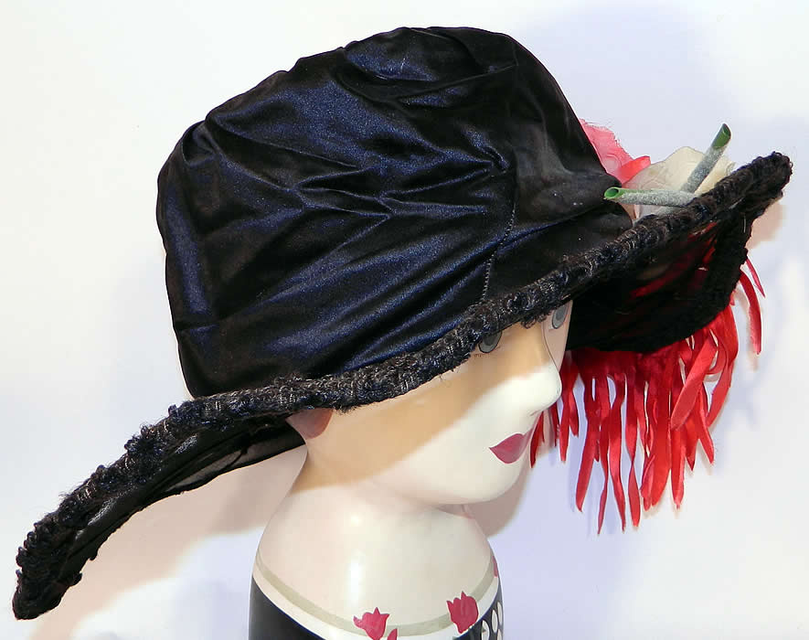 Vintage Belle Epoque Black Silk Red Poppy Flower Trim Wide Brim Hat