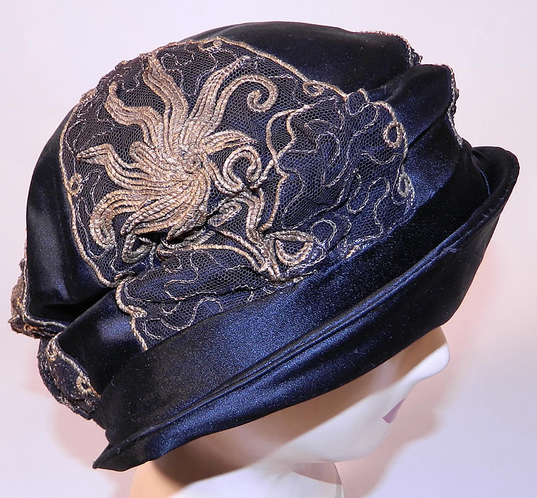 Vintage Art Deco Bobby Hats Black Silk Gold Lamé Lace Flapper Cloche Hat