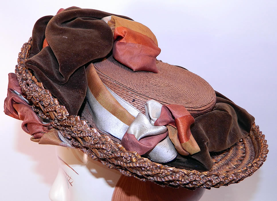 Victorian Brown Stripe Silk Ribbon Straw Woven Wide Brim Womens Boater Hat