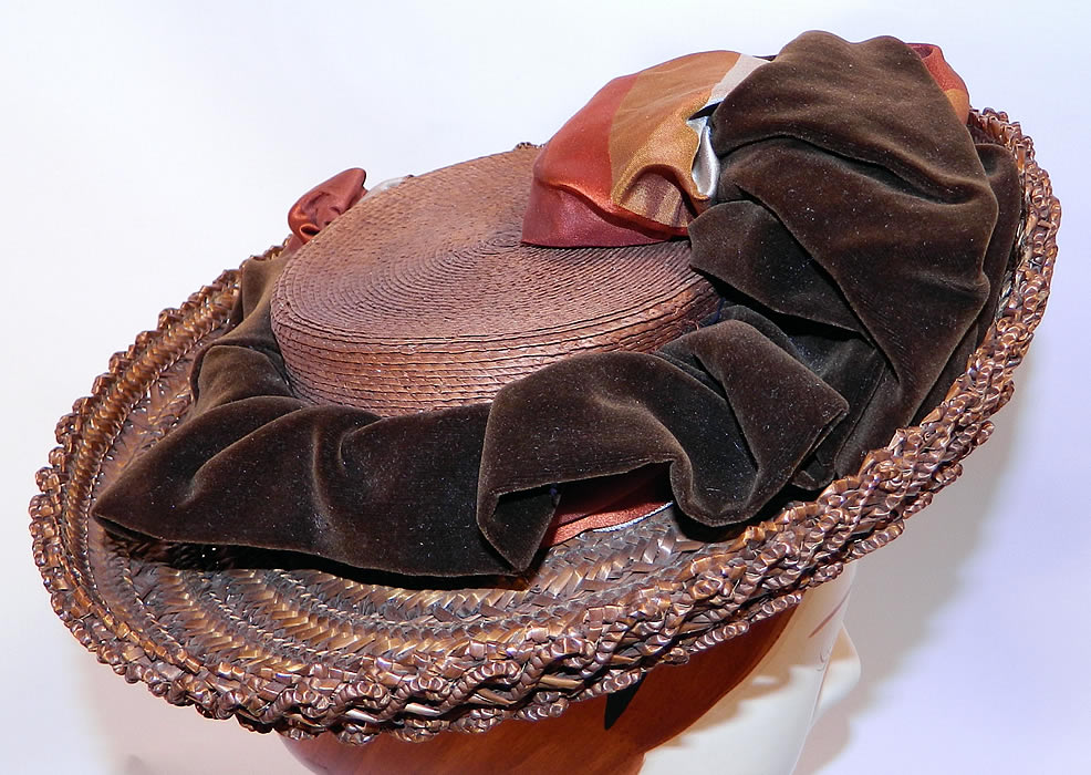 Victorian Brown Stripe Silk Ribbon Straw Woven Wide Brim Womens Boater Hat