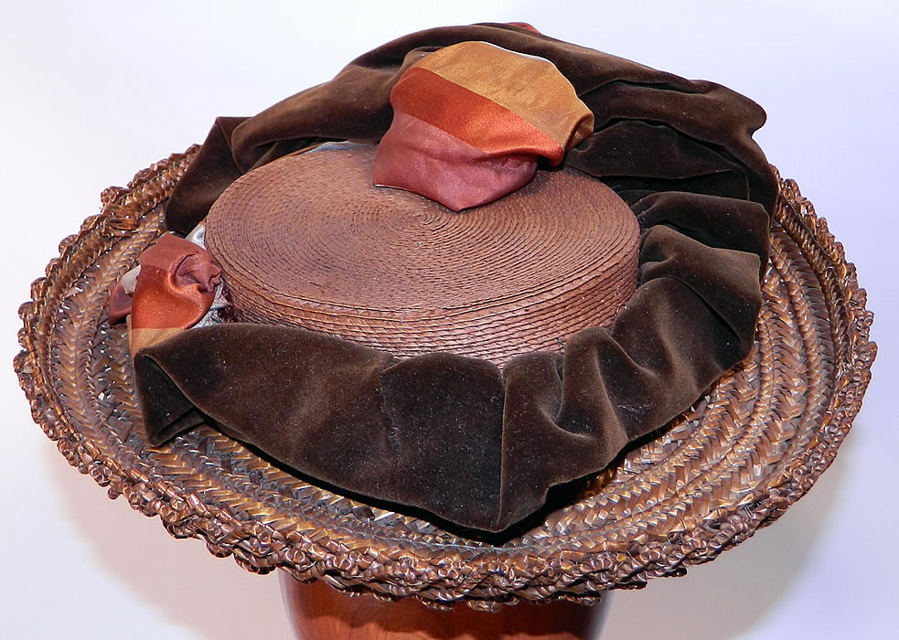 Victorian Brown Stripe Silk Ribbon Straw Woven Wide Brim Womens Boater Hat