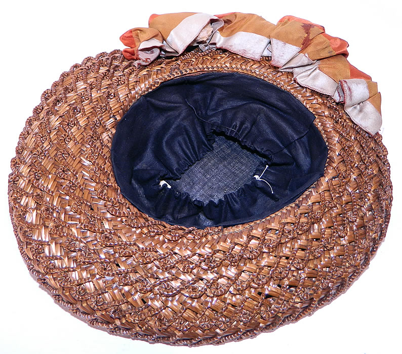 Victorian Brown Stripe Silk Ribbon Straw Woven Wide Brim Womens Boater Hat