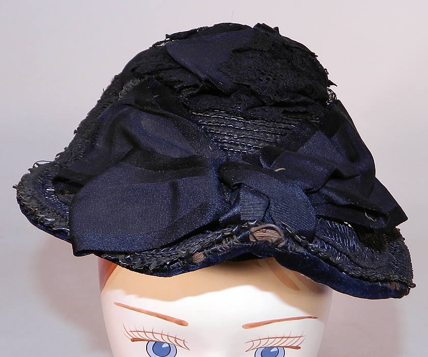 Victorian Woven Black Straw Silk Ribbon Lace Mourning Bonnet Hat. This antique Victorian woven black straw silk ribbon lace mourning bonnet hat dates from 1870