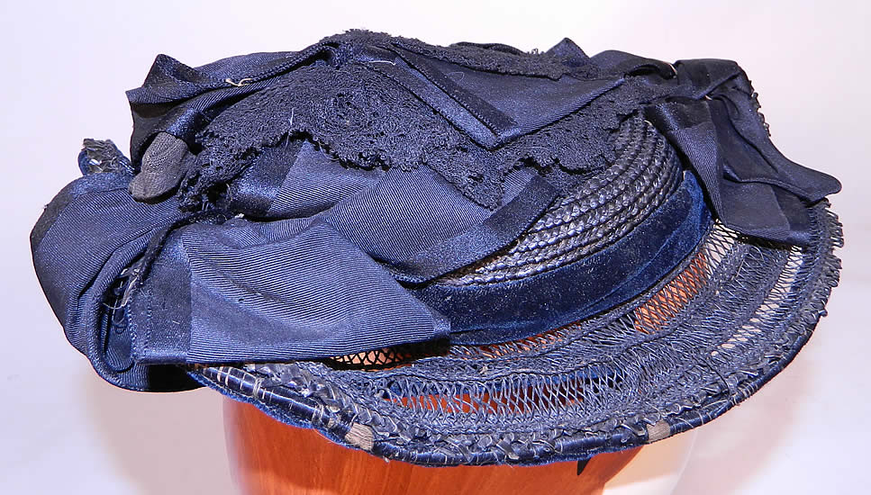 Victorian Woven Black Straw Silk Ribbon Lace Mourning Bonnet Hat. There is a small inner crown lined in black silk and would have sat atop a full Gibson Girl style updo hairdo with hatpin's.