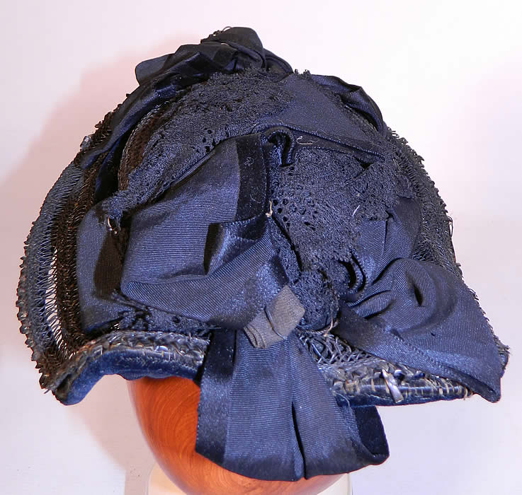 Victorian Woven Black Straw Silk Ribbon Lace Mourning Bonnet Hat. The bonnet measures 33 inches in circumference outside and is 16 inches inside the crown. 