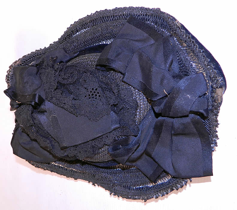 Victorian Woven Black Straw Silk Ribbon Lace Mourning Bonnet Hat. It is in good condition, with some minor wear and worn edging along the front brim.