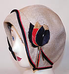 Vintage Flo Lill Art Deco Red, Black & White Straw Feather Flapper Cloche Hat.