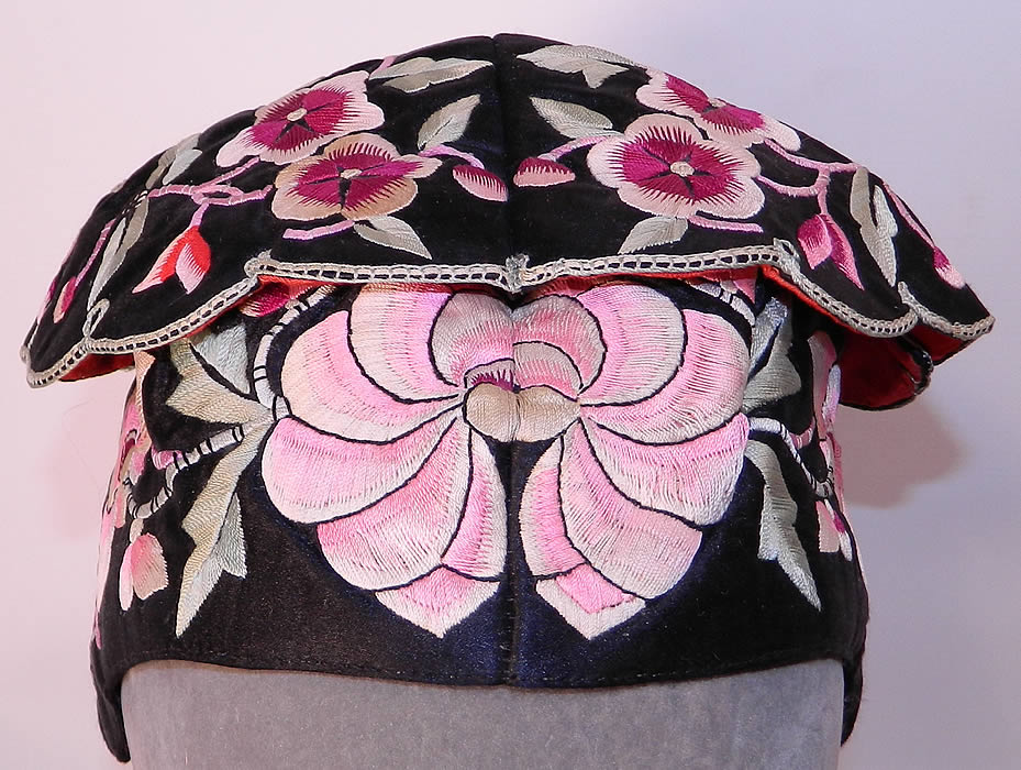 Antique Chinese Child Infant Silk Embroidered Lotus Flower Wind Hat