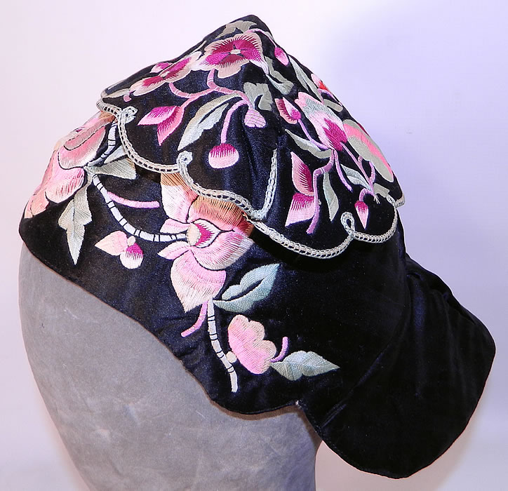 Antique Chinese Child Infant Silk Embroidered Lotus Flower Wind Hat