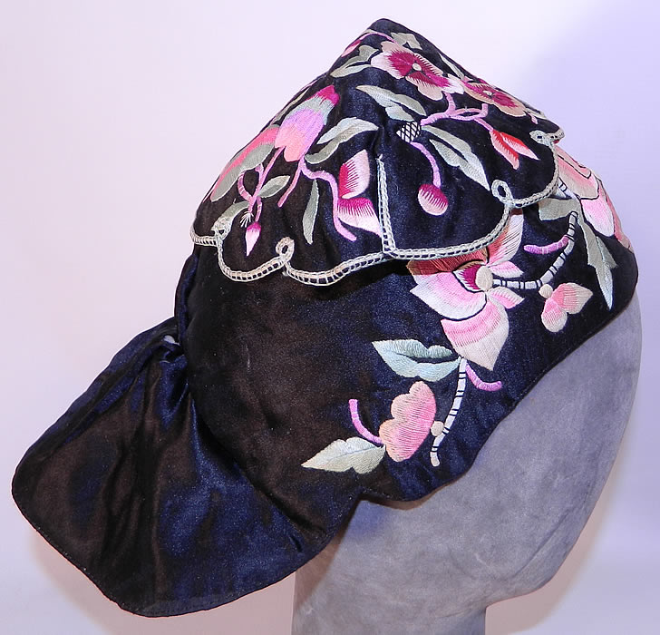 Antique Chinese Child Infant Silk Embroidered Lotus Flower Wind Hat