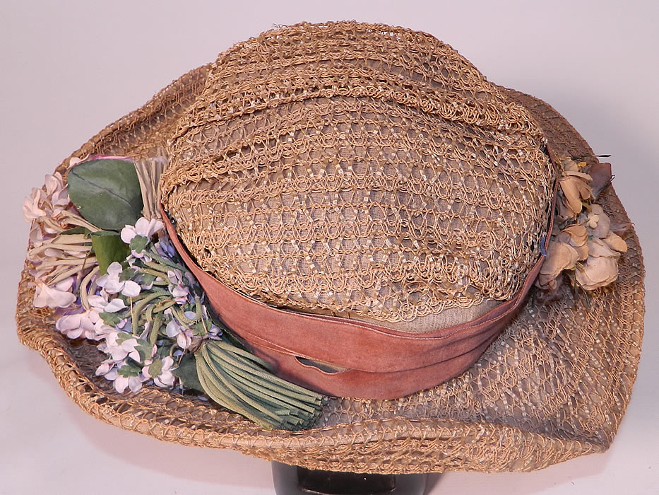 Edwardian Titanic Belle Epoque Woven Natural Straw Silk Flower Wide Brim Hat. It would have sat perched atop a Gibson Girl style up do hairdo. 