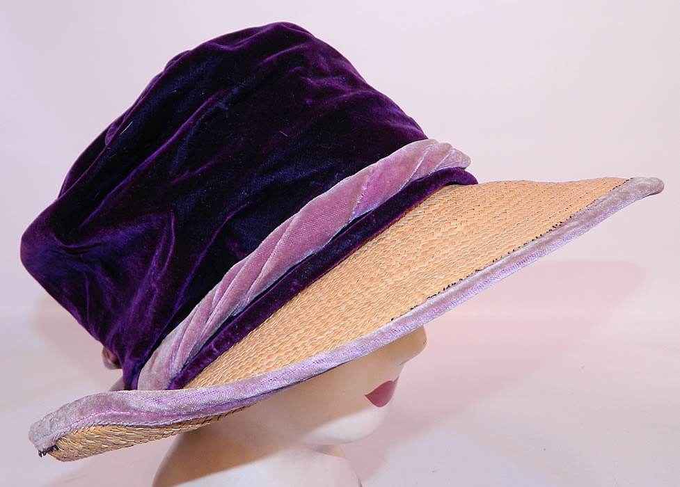 Vintage Natural Straw Wide Brim Purple Velvet Crown Cloche Hat. This sensational summertime cloche style sun hat has an uneven oval shaped wide brim, which is wider in the front.