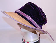 Vintage Natural Straw Wide Brim Purple Velvet Crown Cloche Hat