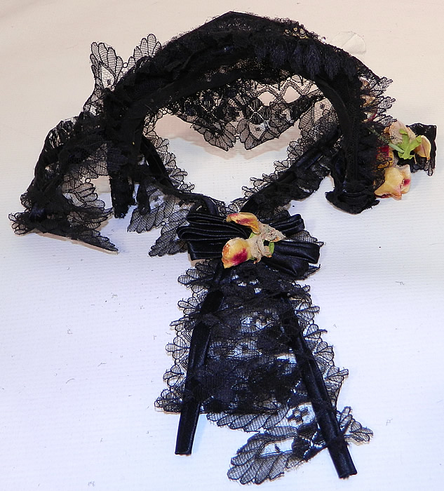 Victorian Civil War Era Black Chantilly Lace Floral Trim  Fanchon Bonnet Headdress. The bonnet measures 11 inches around the head. It is in good condition. 