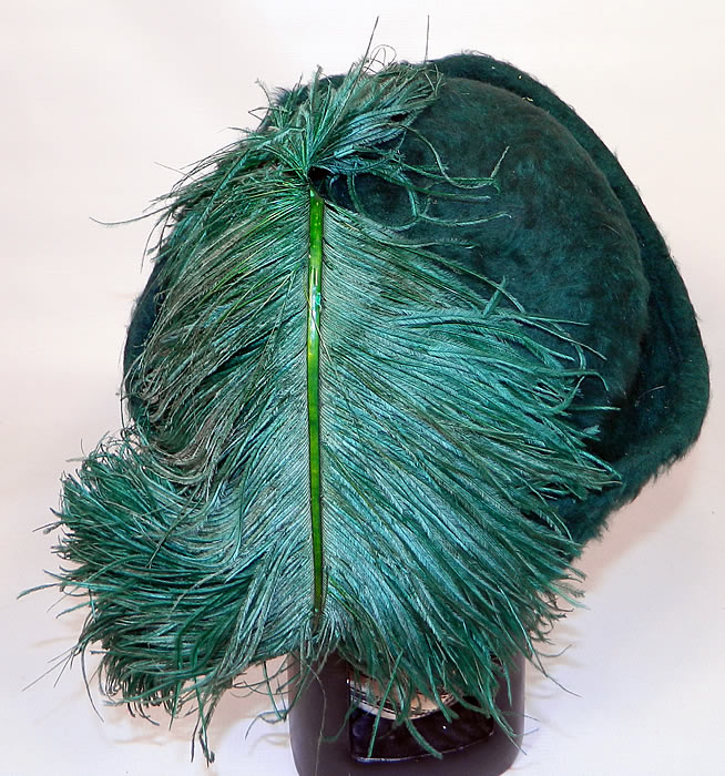 Edwardian Titanic Era Green Beaver Felt Fur Ostrich Feather Rolled Brim Hat. 