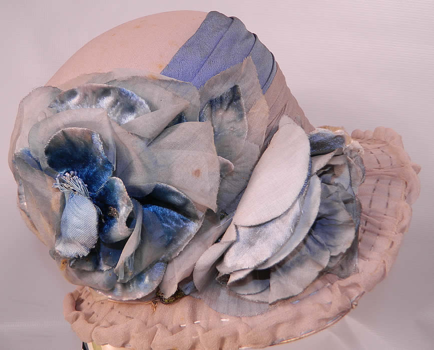 Vintage Maurice Importer Gray & Blue Silk Rose Flower Wide Brim Cloche Hat. The hat measures 23 inches inside crown circumference.