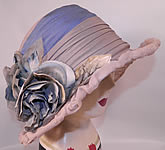 Vintage Maurice Importer Gray & Blue Silk Rose Flower Wide Brim Cloche Hat