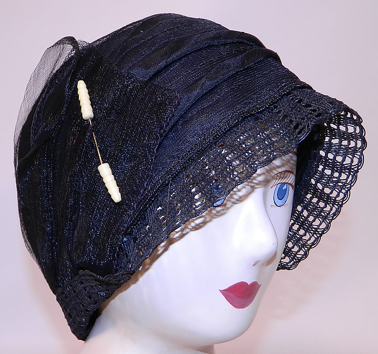 Vintage Art Deco Woven Black Horse Hair Straw  Flapper Cloche Hat & Hatpin. This vintage Art Deco woven black horse hair straw flapper cloche hat and hatpin dates from the 1920s.