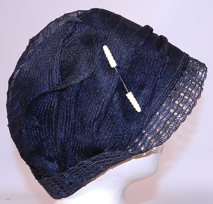 Vintage Art Deco Woven Black Horse Hair Straw  Flapper Cloche Hat & Hatpin. There is a spindle turned style celluloid hatpin trim pinned onto the side.