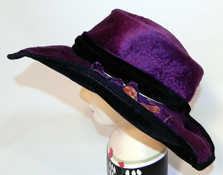 Edwardian Vintage Wolf Millinery Purple Velvet Flower Trim Wide Brim Hat. This Edwardian era vintage Wolf Millinery purple velvet flower trim wide brim hat dates from 1918