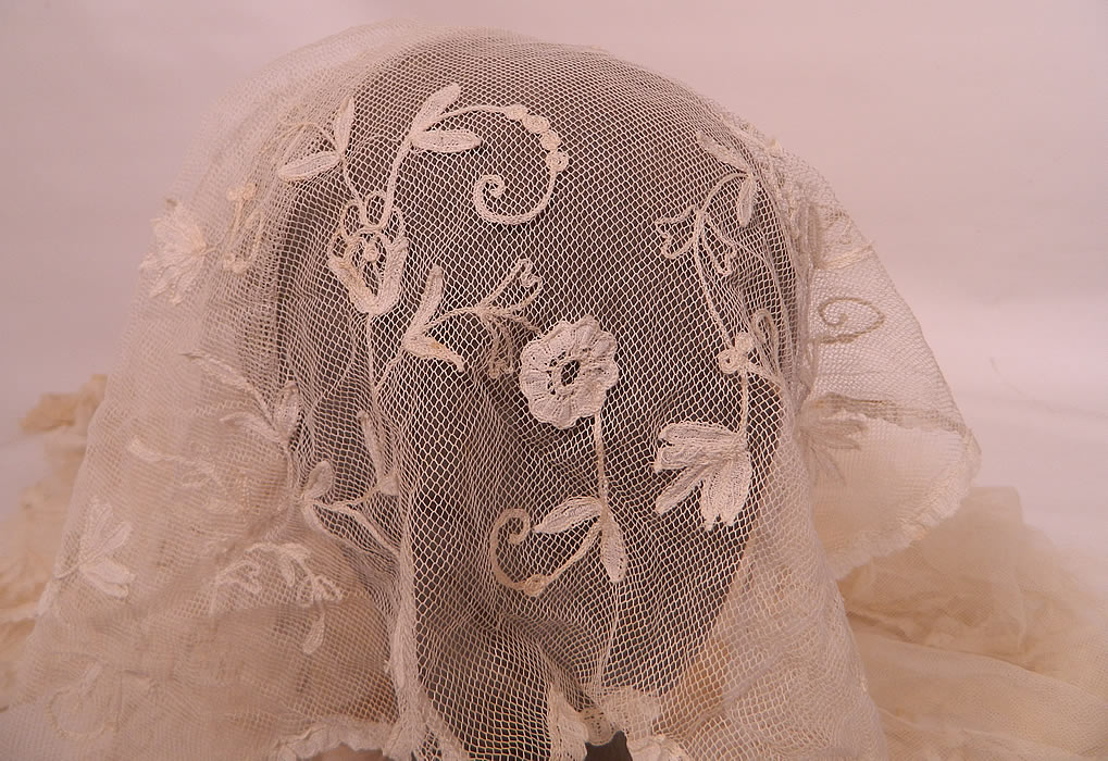 Vintage Pearl Beaded Cap Long Princess Lace Net Wedding Veil. This beautiful bridal wedding headpiece has a long net veil gathered on the top into a cap with 2 strands of pearl beads encircling the head and a shorter front veil to cover the face which tapers down the back creating a train. 